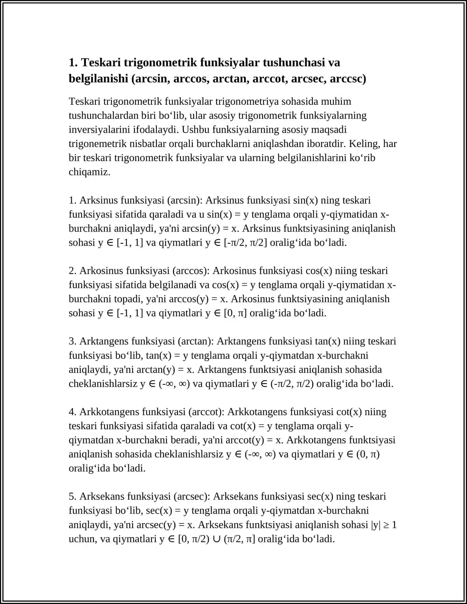 Teskari Trigonometrik Funksiyalar va Ularning Xossalari 3