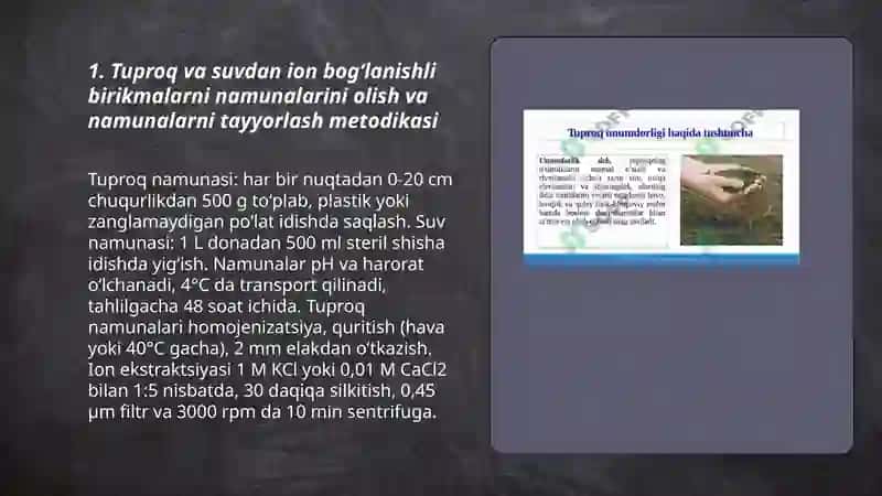 Tuproq va suvning ifloslanishidan ion bogʻlanishli birikmalarni aniqlash 3