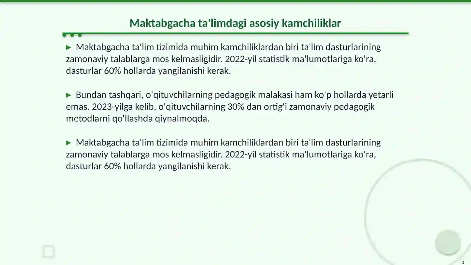Maktabgacha ta'lim tashkiloti faoliyatida uchraydigan kamchiliklar,toʻsiqlar,qiyinchiliklar va ularni bartaraf etish yoʻllariga oid tavsiyalar tayyorlash 3