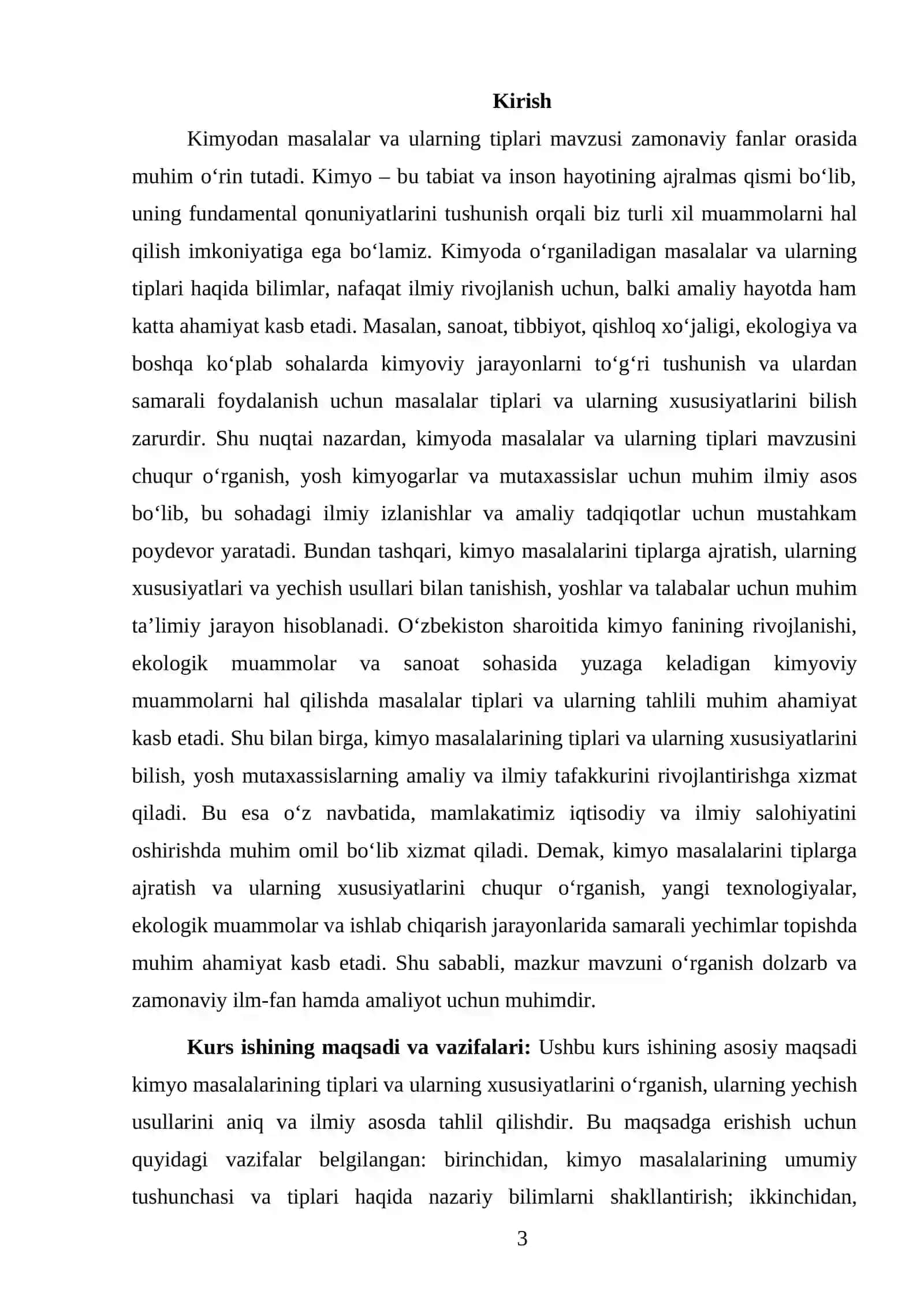 KIMYODAN MASALALAR VA ULARNING TIPLARI KURS ISHI 3