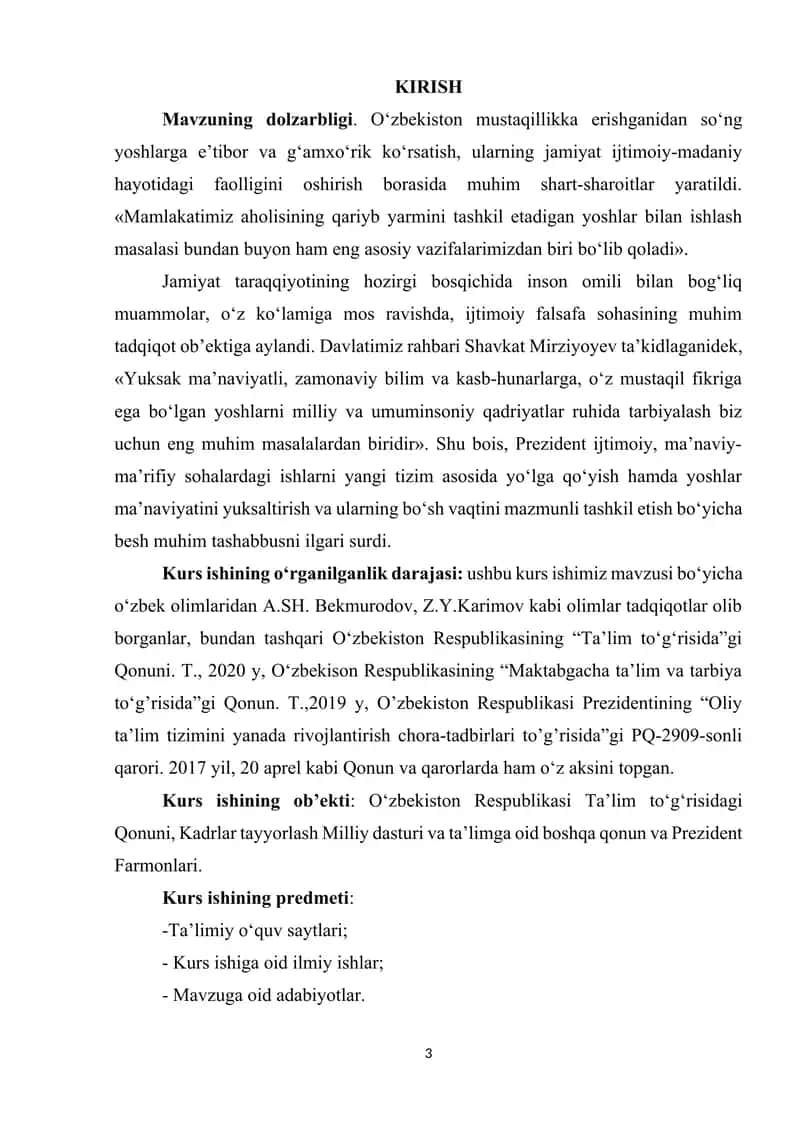 Kurs ishi - Mustaqil O‘zbekiston Respublikasida maktab ta’limi tizimi va pedagogik fikrlar taraqqiyoti 3