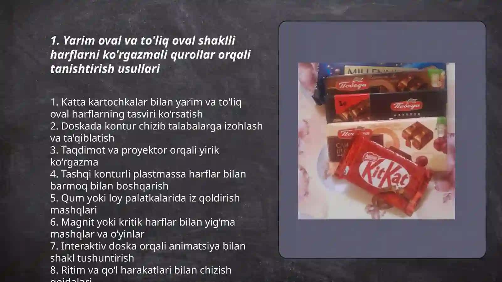Yarim oval va to'liq oval shaklli harflarni o'rgatishda ko'rgazmali qurollardan foydalanish 3