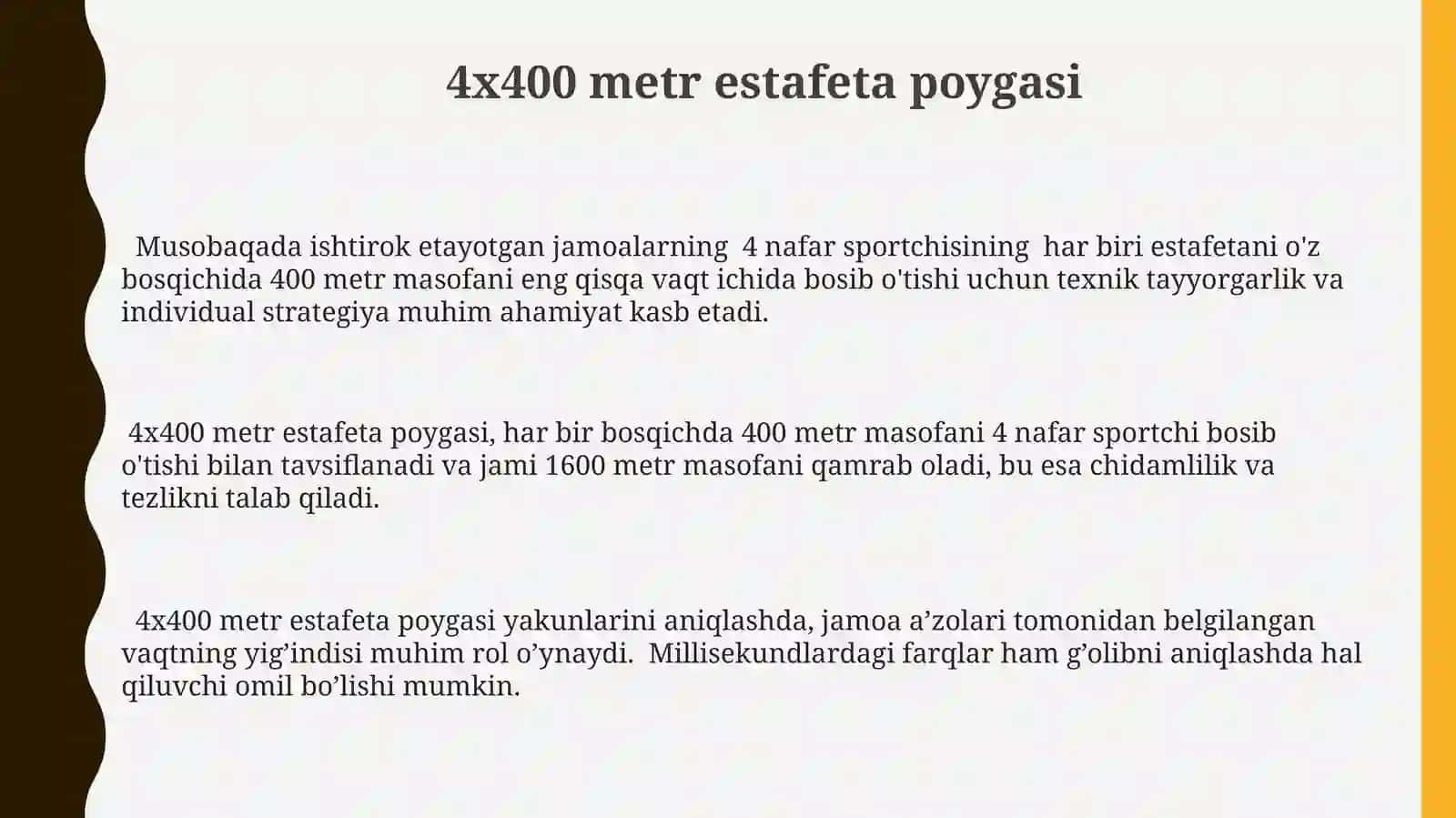 Estafeta yugurish turlari(4x100m,4x400m,4x400mix) 3