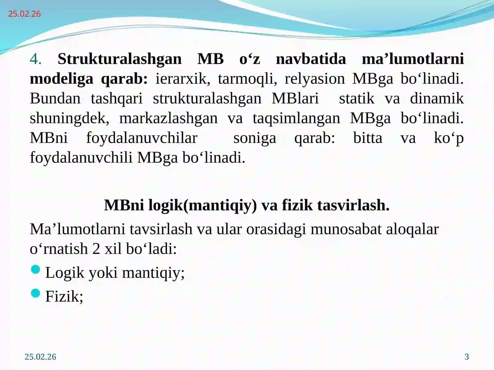 Ma’lumotlar bazasi sinflash 3