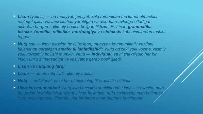 Hozirgi o’zbek tilida lison, nutq, me’yor munosabati 3