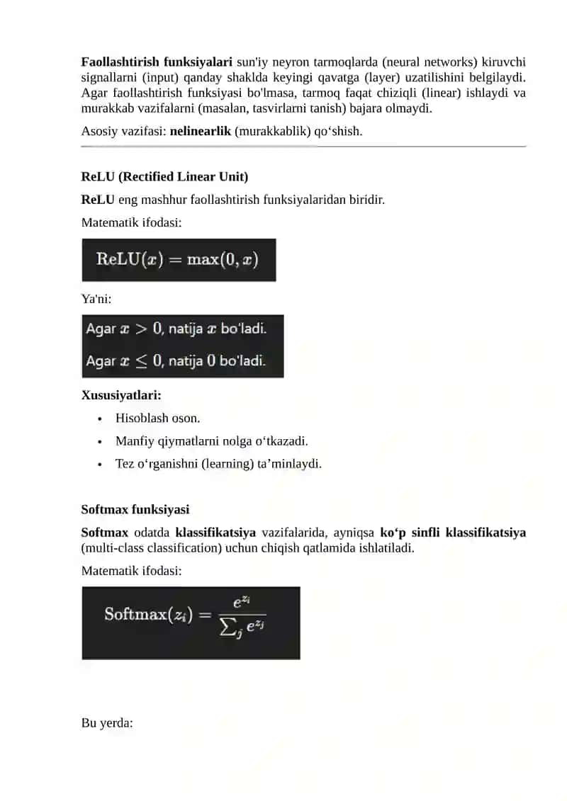 : Faollashtirish funksiyalari. ReLU funksiyasi. Softmax funksiyasi 3