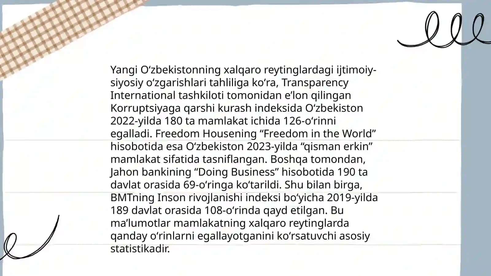 Yangi O'zbekiston ijtimoiy-siyosiy,iqtisodiy va madaniy hayotida ro'y berayotgan o'zgarishlarning xalqaro reyting va indekslarda aks etishi 3
