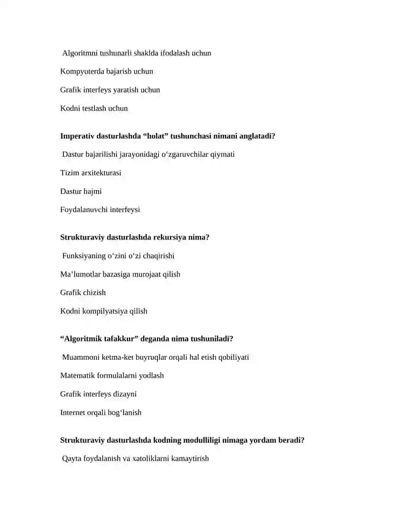 Dasturlash usullari va paradigmalar fanidan test savollari 3
