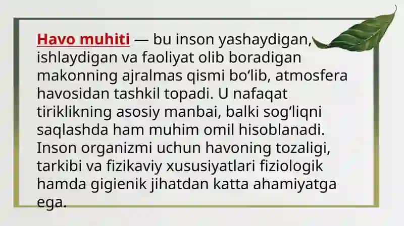 Havo muhiti va uning gigienik ahamiyati. Atmosfera havosining kimyoviy va fizikaviy tarkibining fiziologik va gigienik ahamiyati 3