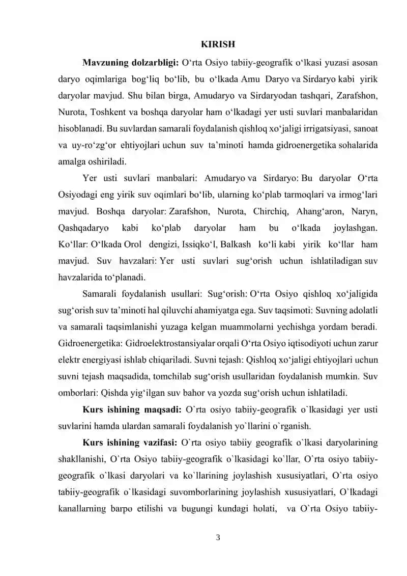 O`RTA OSIYO TABIIY-GEOGRAFIK O`LKASI YER USTI SUVLARI VA ULARDAN SAMARALI FOYDALANISH 3