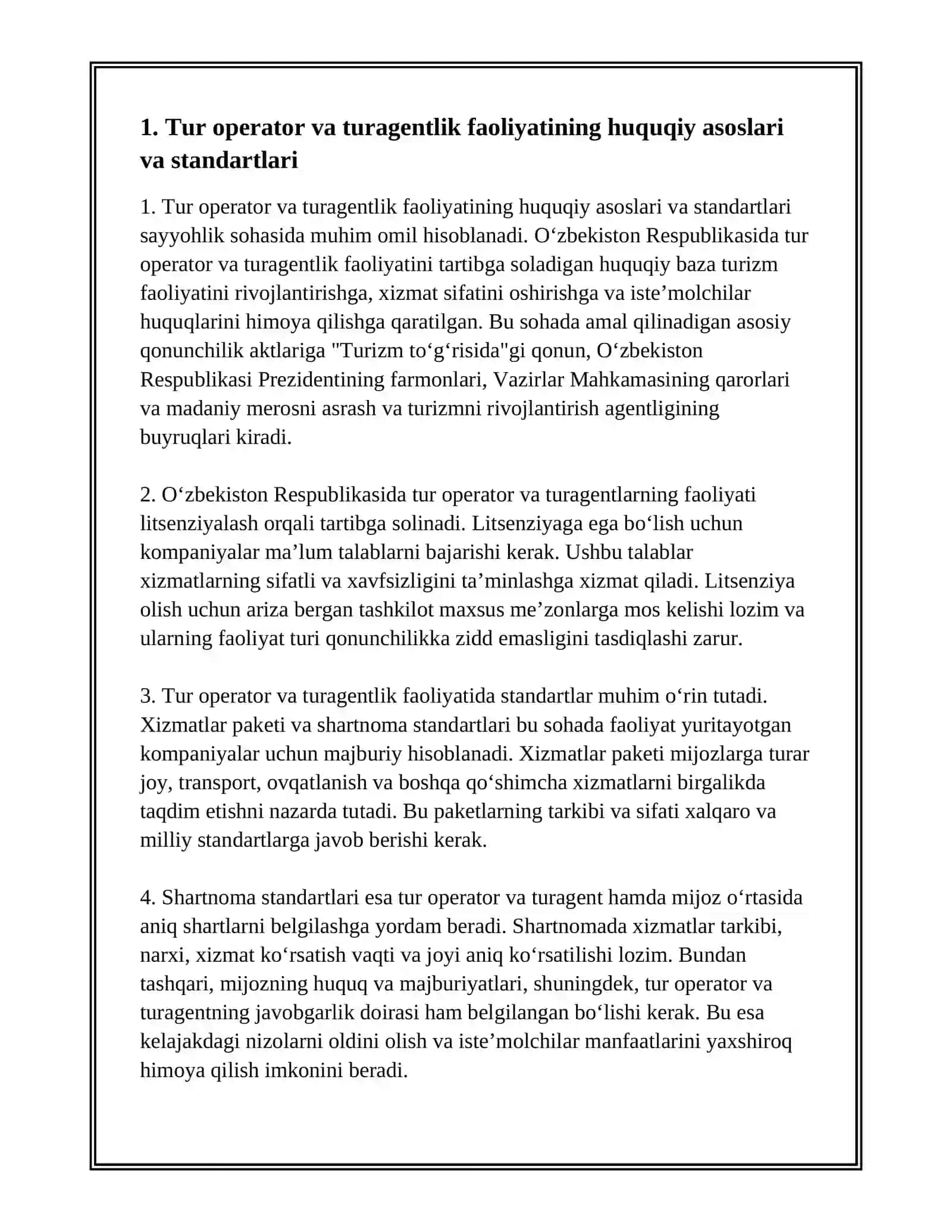 TUR OPERATOR VA TURAGENTLIK FAOLIYATIDA STANDARTLAR:XIZMAT PAKETI VA SHARTNOMA STANDARTLARI 3