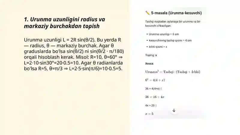 Aylana va doiraga doir masalalar ( urunma, kesuvchi, markaziy burchaklar) 3