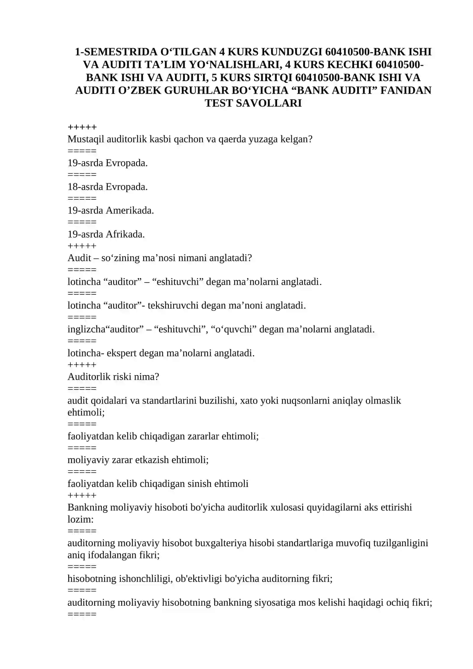 BANK AUDITI FANIDAN YAKUNIY NAZORAT SAVOLLARI 3