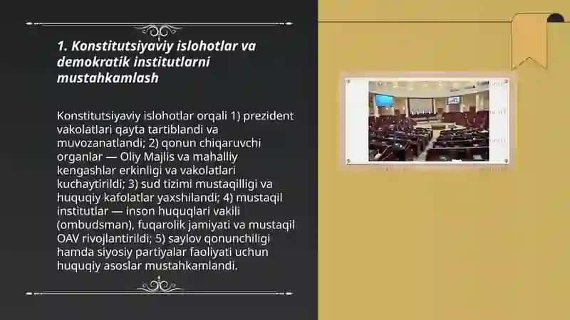 Oʻzbekistonda demokratik fuqorolik jamiyati asoslarining shakllanishi amalga oshirilgan siyosiy islohotlar 3