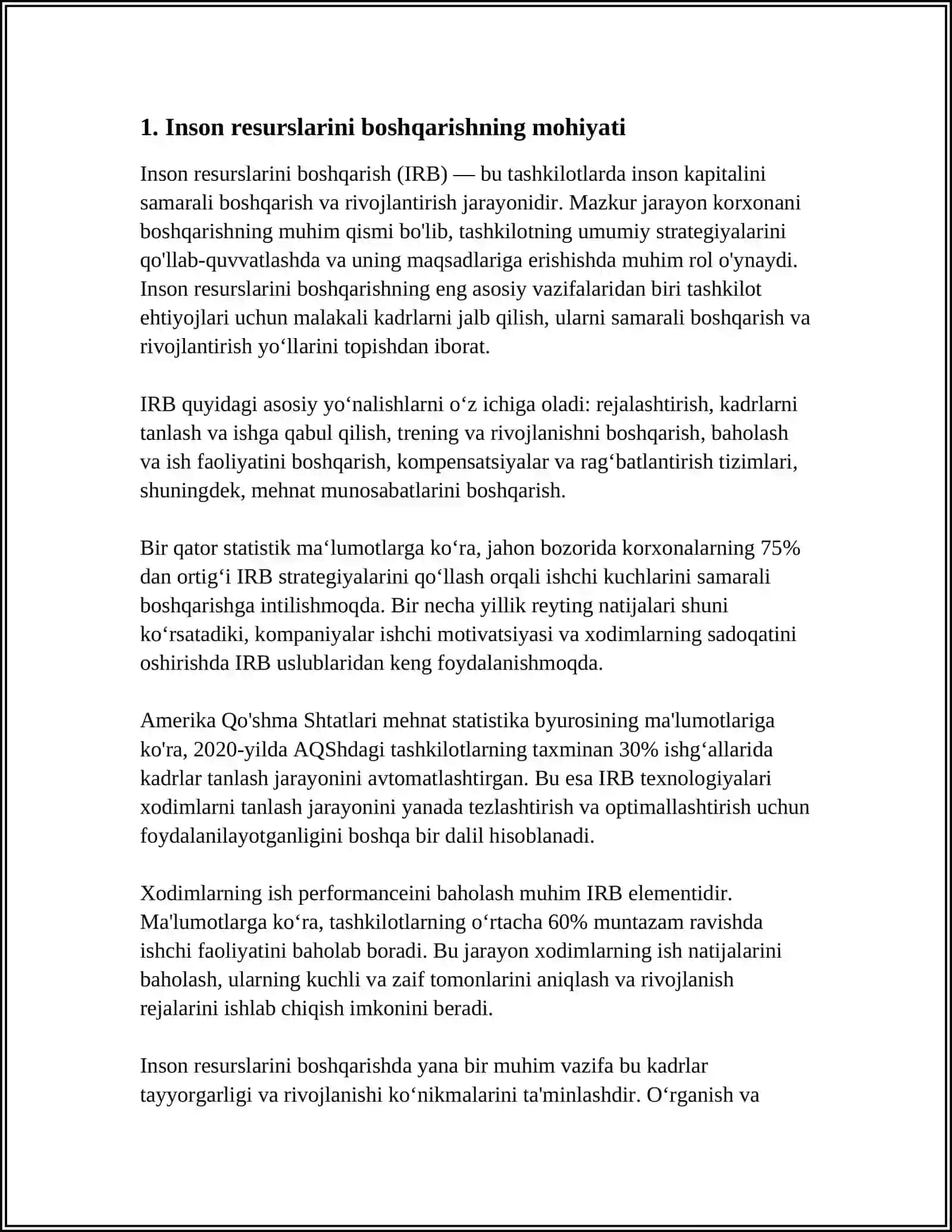 MUSTAQIL ISH Mavzu: INSON RESURSLARINI BOSHQARISH, XODIMLAR ISH FAOLIYATINI BAHOLASH USULLARI 3