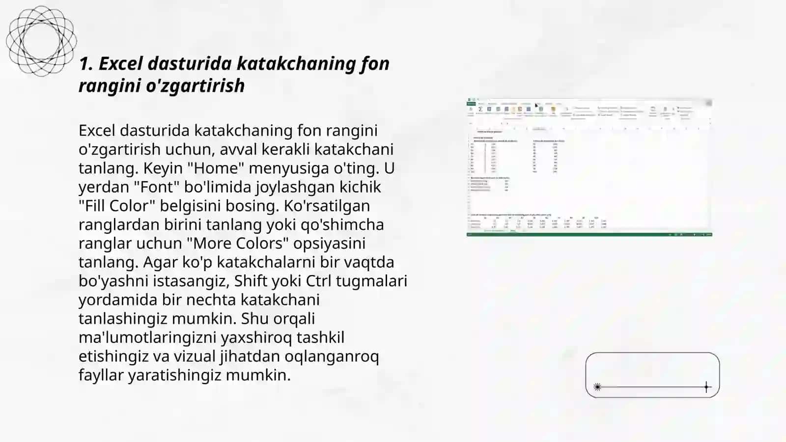 Excel dasturida katakchaning fon rangini o'zgartirish 3