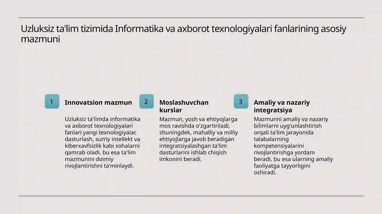Uzluksiz tizimida Informatika va axborot texnologiyalari fanlarining mazmuni, oʻqitishning oʻquv-metodik ta'minoti, oʻqitishning maqsadi va vazifalari 3