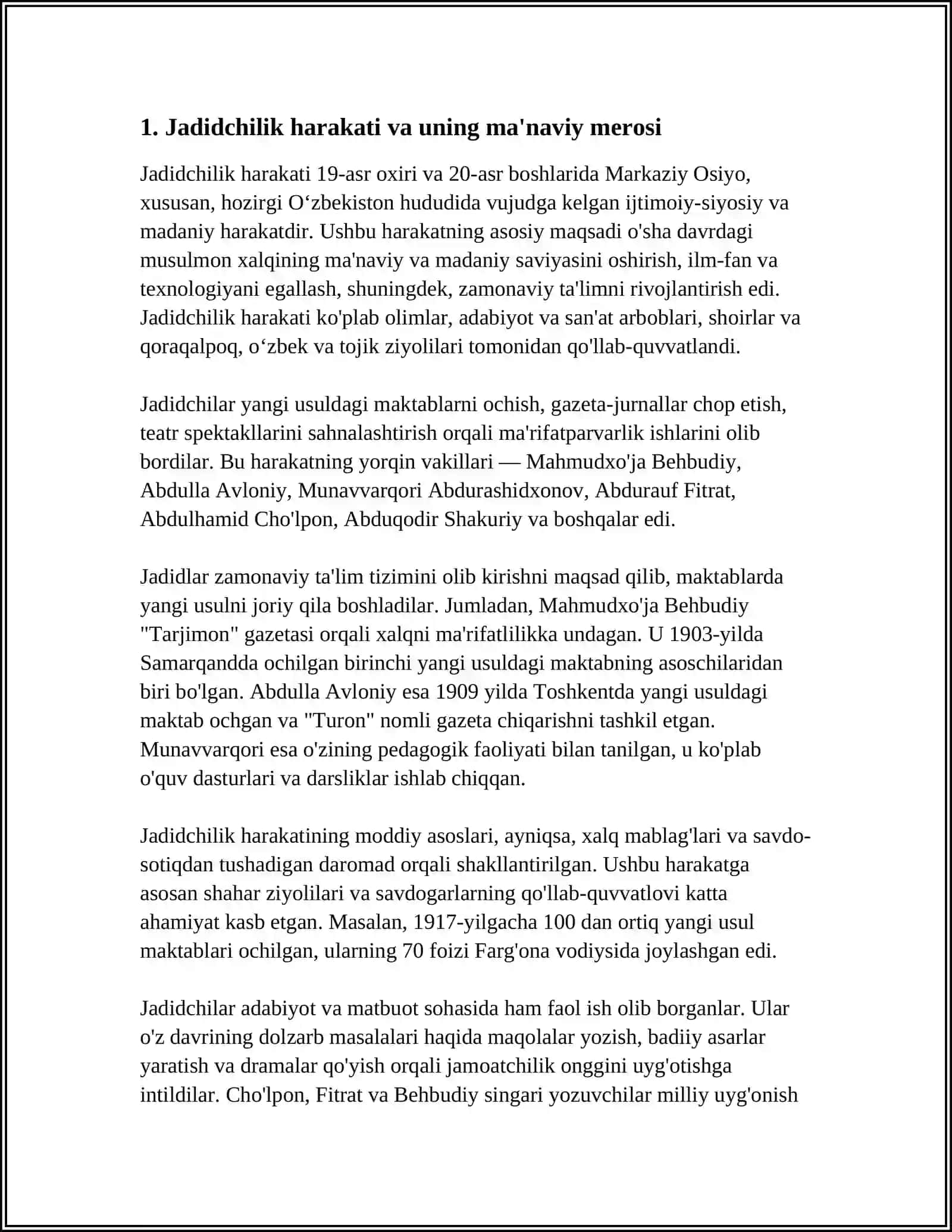 JADID MA’RIFATPARVARLARINING O’LKA HAYOTIDA TUTGAN O’RNI ( MUNAVVAR QORI, FITRAT, BEHBUDIY, AVLONIY, CHO’LPON VA BOSHQALAR) 3