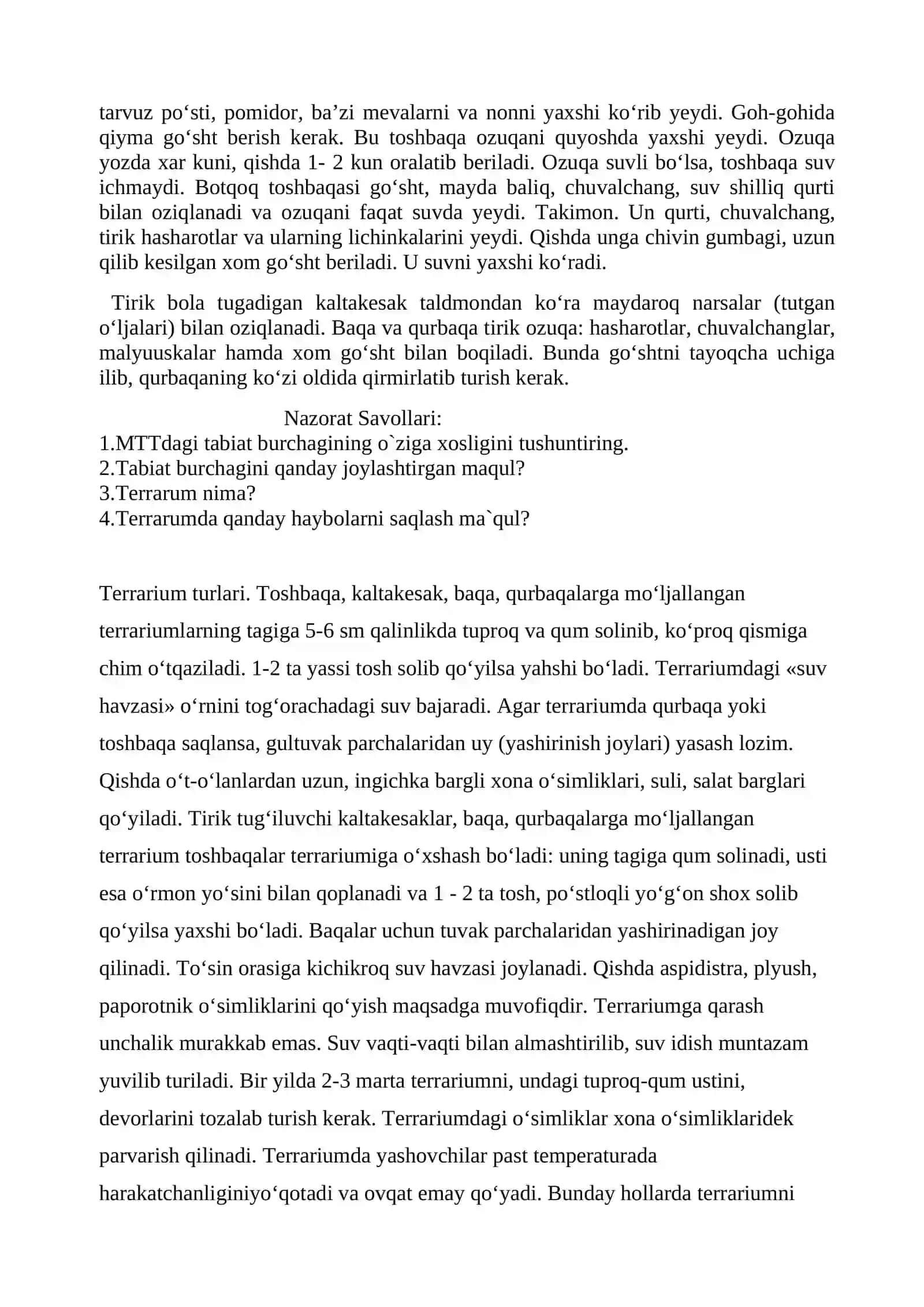 MTTda tabiat burchagida terrariumlarni tashkil etish va unda yashovchi hayvonlarni parvarish qilish 3