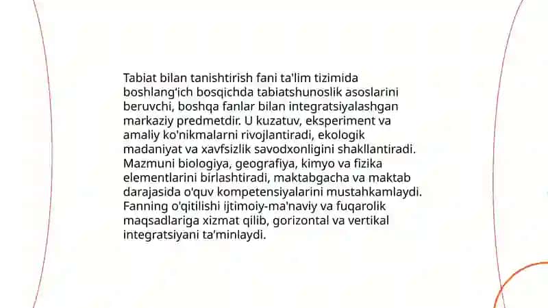 Tabiat bilan tanishtirish fanining fanlar kesimida tutgan o'rni Kamoliddinova Asalxon 3
