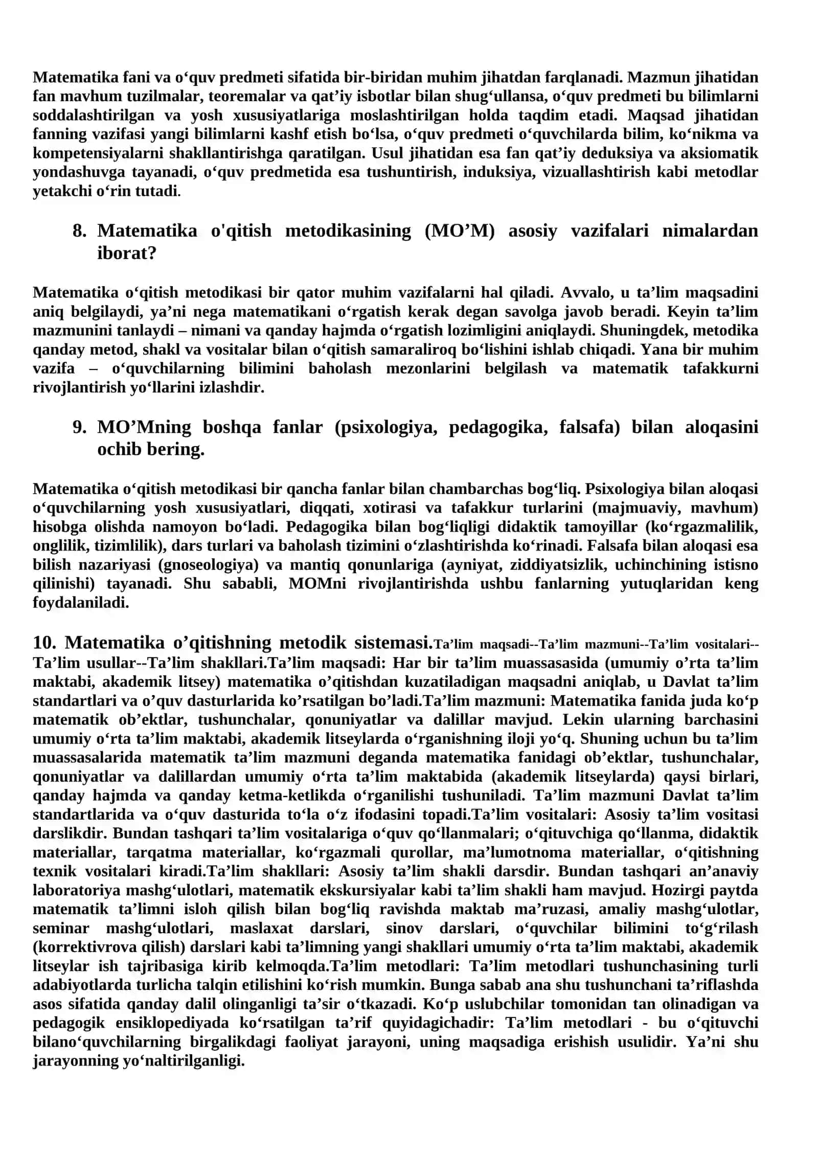 Matematika o’qitish metodikasi fanidan 2025-2026 o’quv yili 2-yarim yilligi uchun Yakuniy nazorat savollari 3