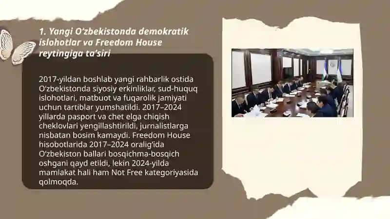 Yangi Oʻzbekistoda ijtimoiy siyosiy va madaniy hayotida roʻy berayotgan oʻzgarishlarning xalqaro reyting va indekslarda aks etishi 3