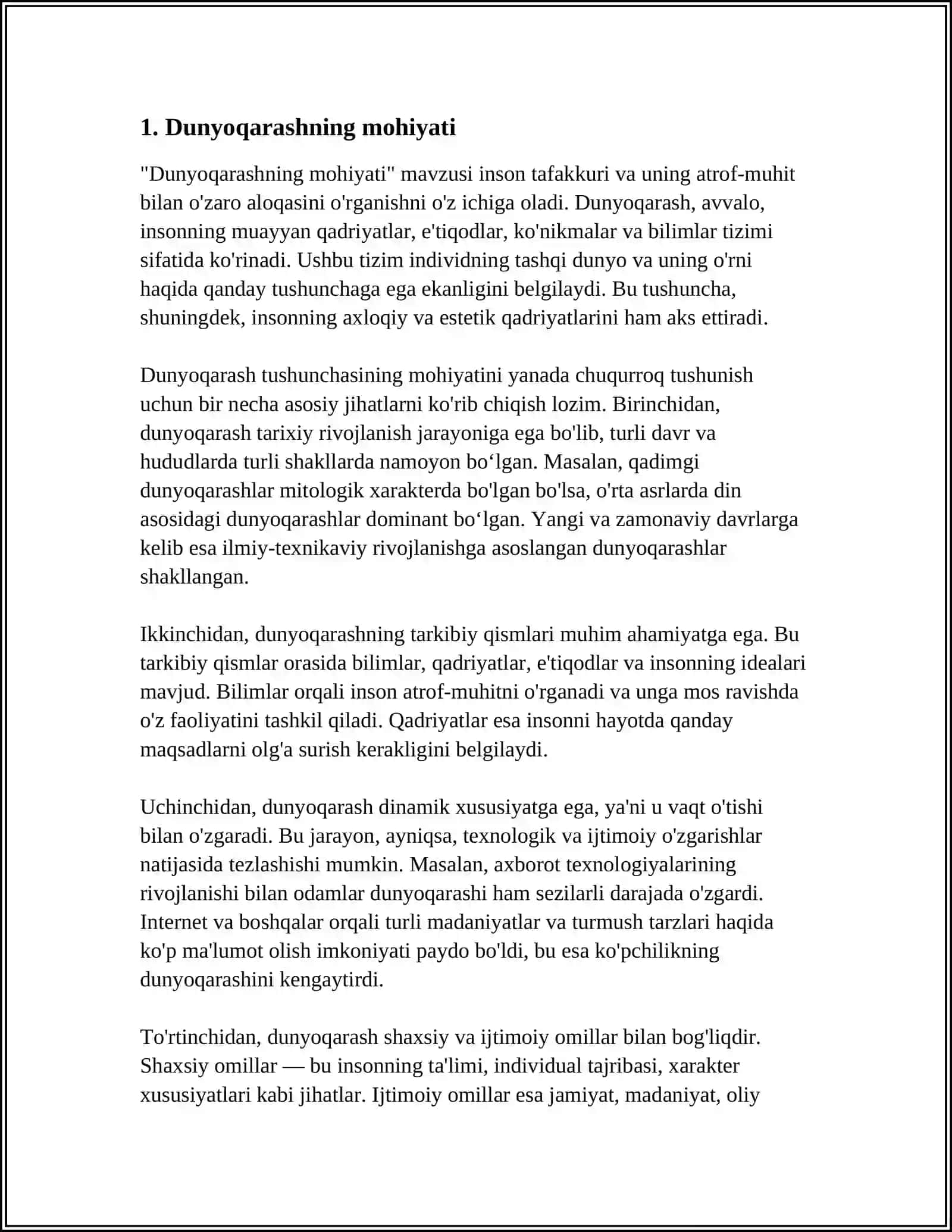 DUNYOQARASHNING MOHIYATI, TUZILISHI VA FUNKSIYALARI MAVZUSIDA ESSE TAYYORLASH 3