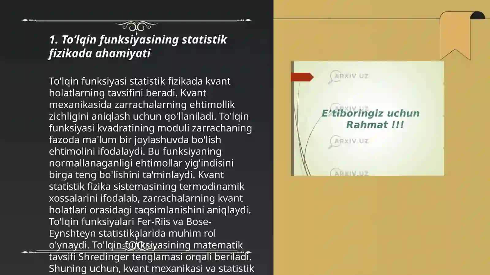 Toʻlqin funksiyasining statistik fizikasini tushuntirish 3