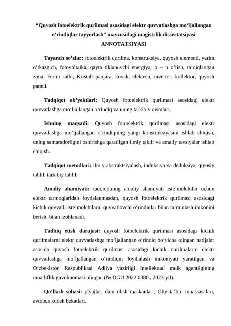QUYOSH FOTOELEKTRIK QURILMASI ASOSIDAGI ELEKTR QUVVATLASHGA MOʻLJALLANGAN OʻRINDIQLAR TAYYORLASH 3