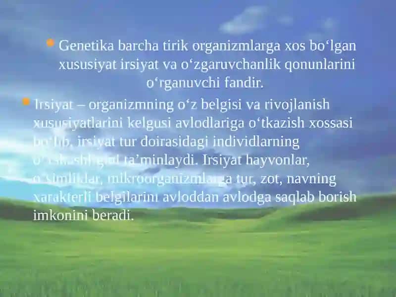 Irsiyat va o’zgaruvchanlik- tiri organizmlarning muxim hususiyatlari. Irsiyatning  xromosoma nazariyasi. Jins genetikasi. Jins bilan bog’liq nasillanish. 3