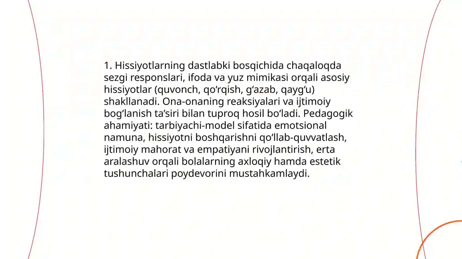Yosh bolalarning asab-ruhiy ta'limining elementlari (hissiyotlarning rivojlanishi, estetik, axloqiy) 3