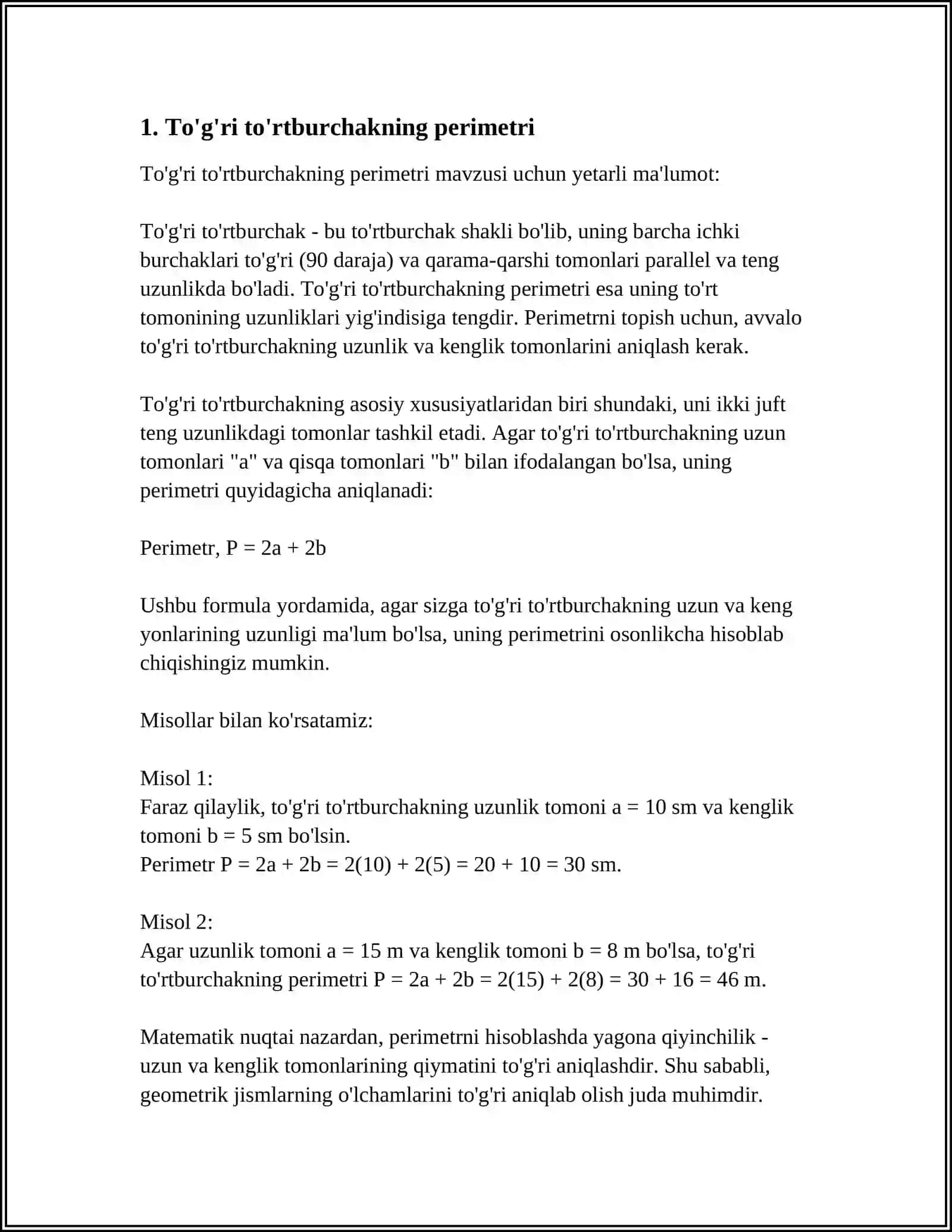 TO'G'RI TO'RTBURCHAK VA KAVADRATNING PREDMETRI,YUZAGA DOIR MASALALAR YECHISHGA O'RGATISH 3