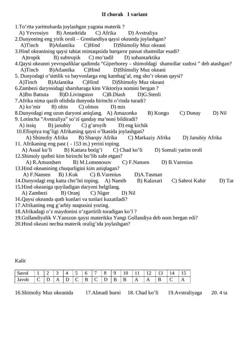 6-sinf Geografiya 1- variant I chorak 3