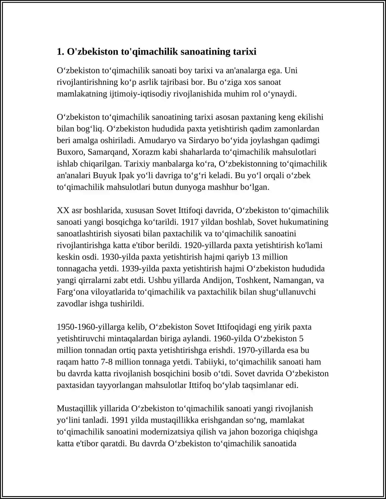 MUSTAQIL ISH Mavzu: OʻZBEKISTON TOʻQIMACHILIK RIVOJLANISH TARIXI. TOʻQIMACHILIKDA INNOVATSION TEXNOLOGIYALAR 3