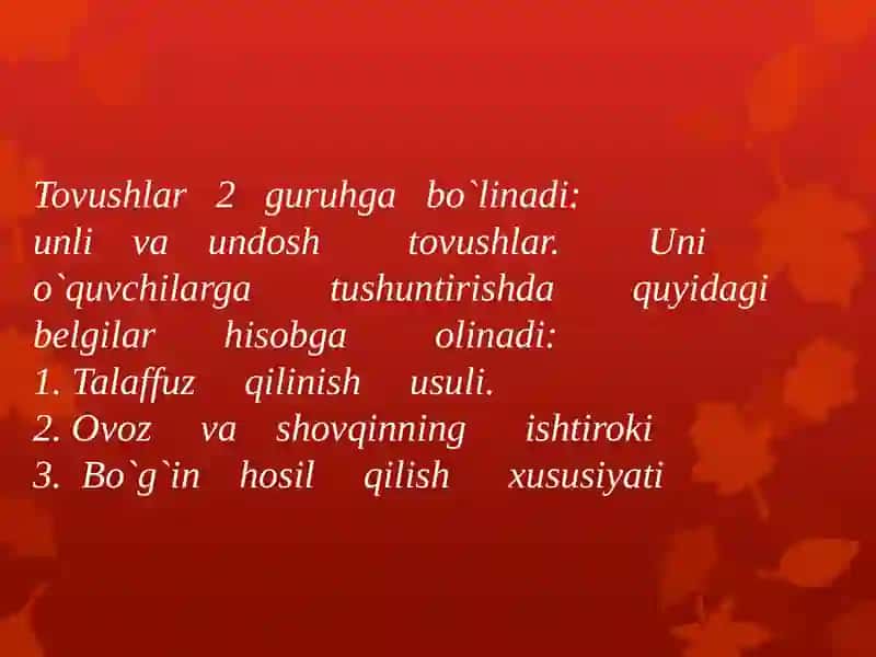 O`zbektilida unli va undosh tovushlarim lozibo`yicha 3