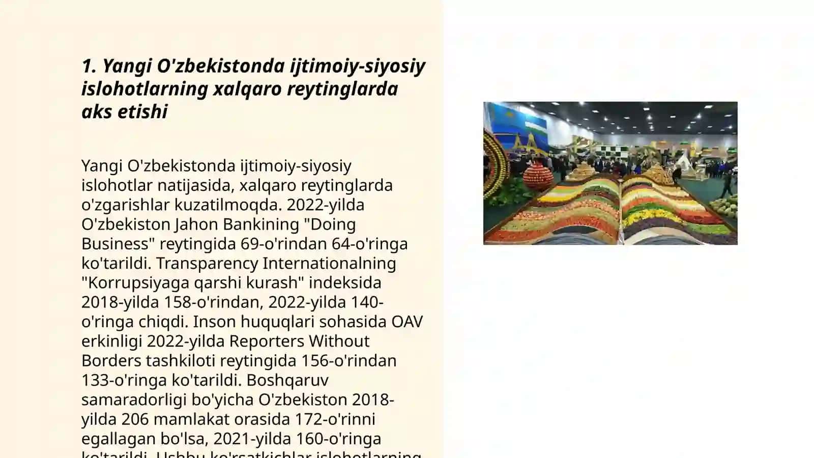 Yangi O'zbekistonda ijtimoiy-siyosiy, iqtisodiy va madaniy hayotda ro'y berayotgan o'zgarishlarning xalqaro reyting va indekslari 3