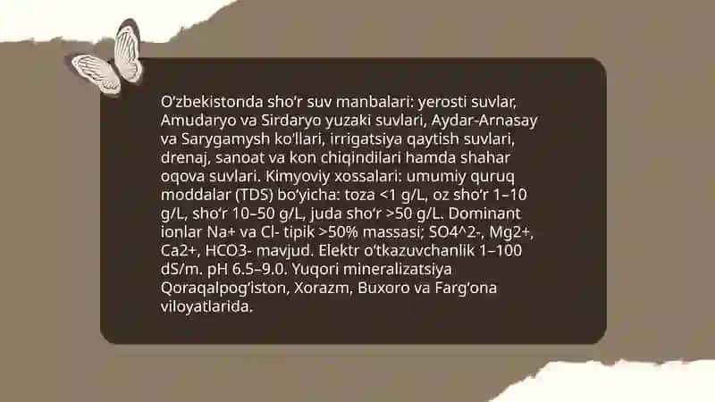Oʻzbekiston sharoitida shoʻr suv manbalari va ularning kimyoviy xossalari 3