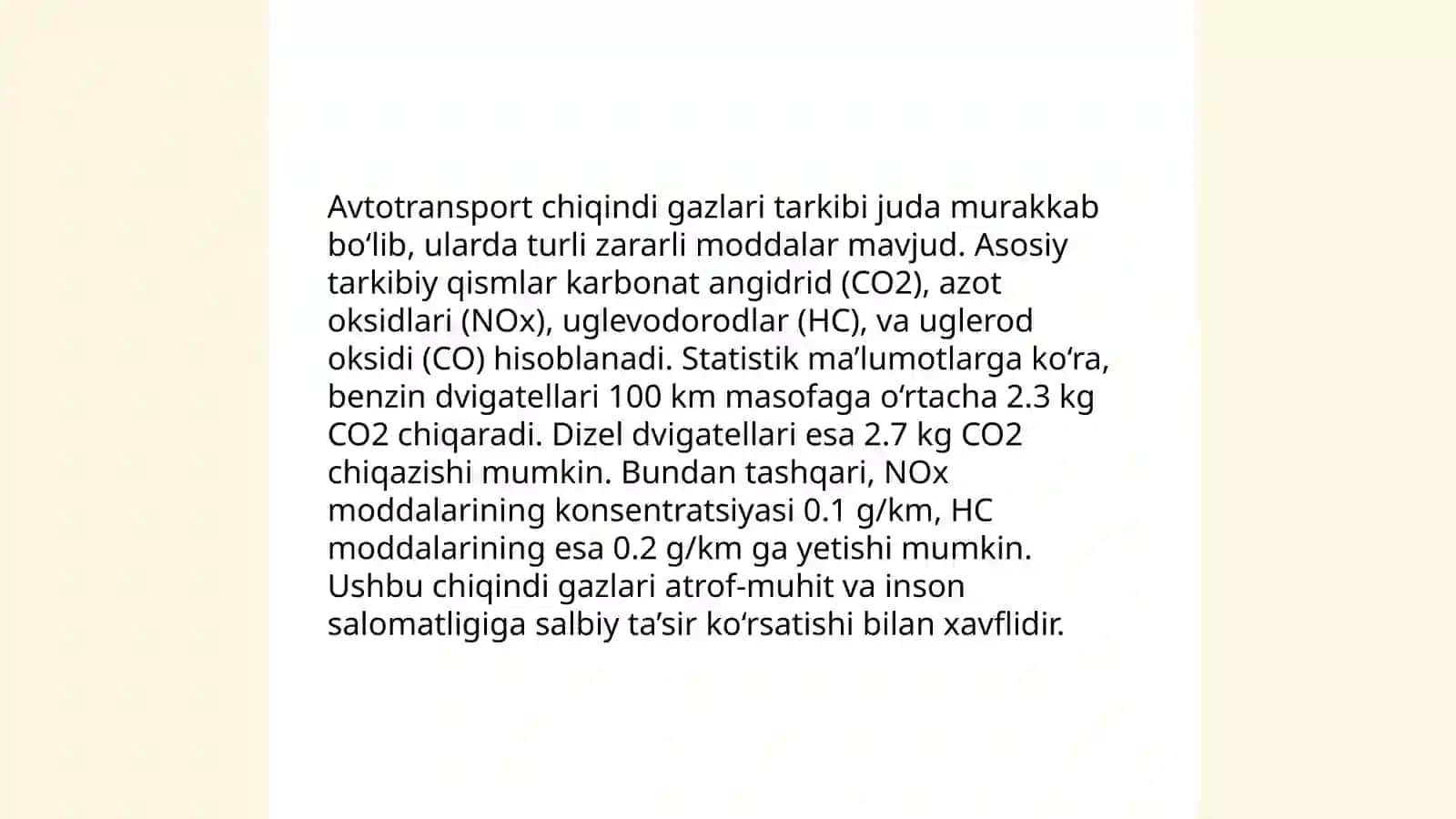 Avtotiraspirtning chiqindi gazining tarkibi va atrof muhutga ta'sinini aniqlash 3