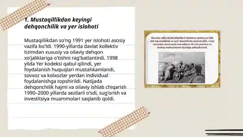 Mustaqil yillarida qishloq xo'jaligi va sanoat sohasidagi o'zgarishlar 3