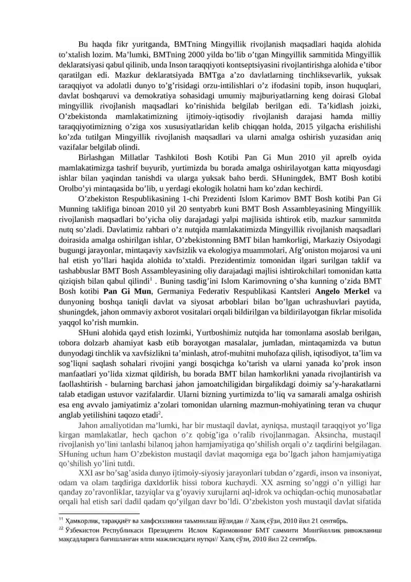 O’zbekistonning birinchi Prezidenti I.A.Karimovning BMT sessiyalarida ko’targan olamshumul tashabbuslari - ikki tomonlama hamkorlikning istiqbolini belgilovchi muhim omil 3
