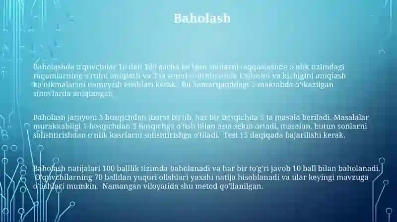 Oʻnlik ichida sonlarni taqqoslash dars ishlanma 3