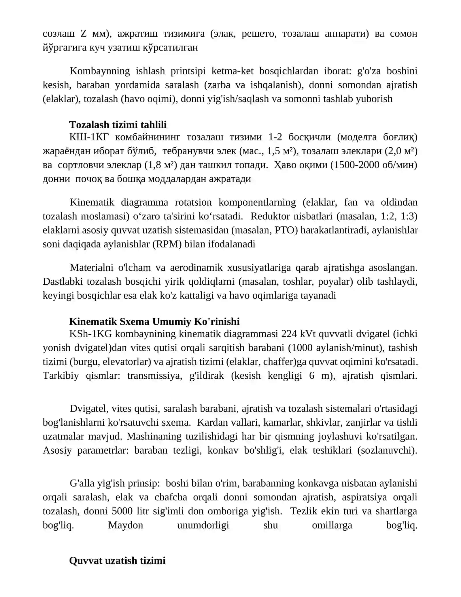 КШ-1КГ kombayini kinematik sxemasini chizish va ishlash pirinsipini o'rganish 3