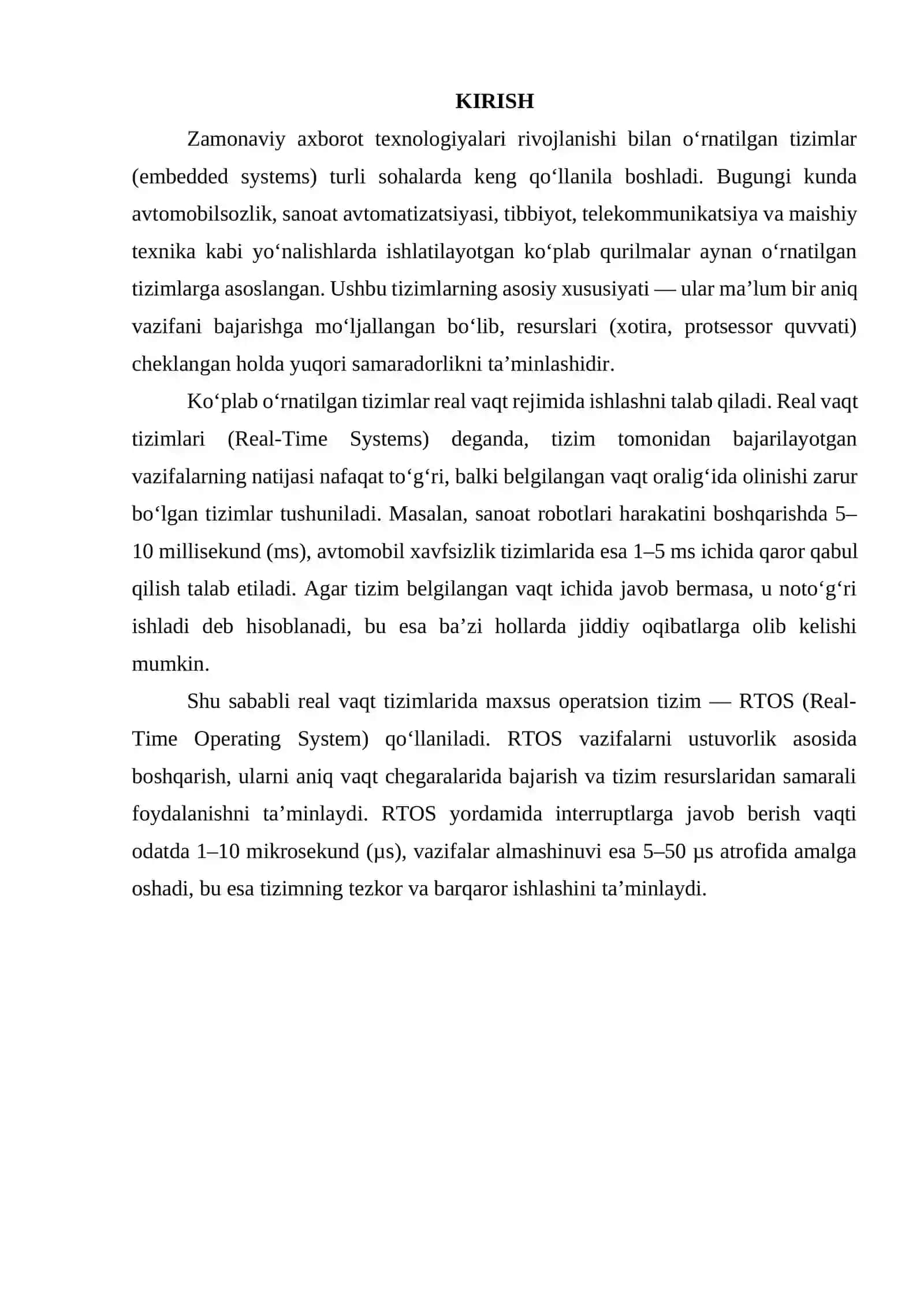 O‘rnatilgan tizimlarda real vaqt (Real-Time Systems) tushunchasi va RTOS 3