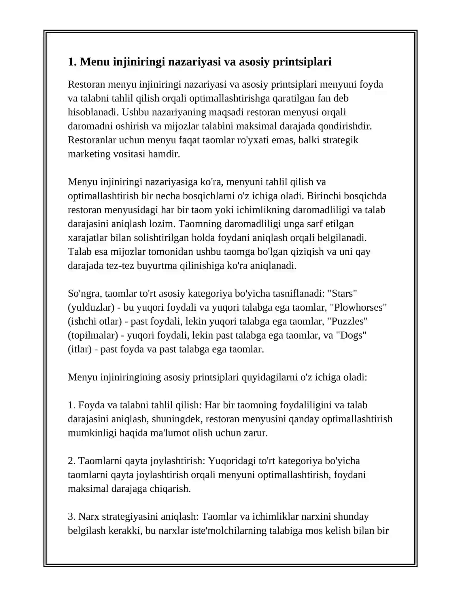 RESTORAN MENYU INJINIRINGI: FOYDA VA TALAB TAHLILI 3