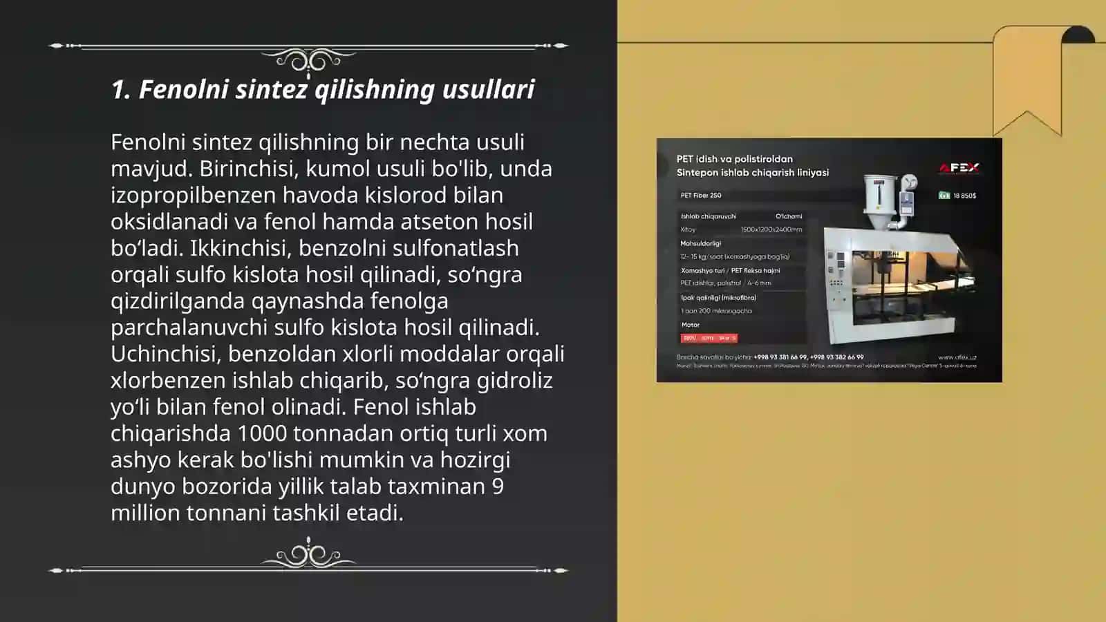 Fenol guruhi nonomerlarini olishning kimyoviy texnalogiyasi.Bakelit ishlab chiqarish 3