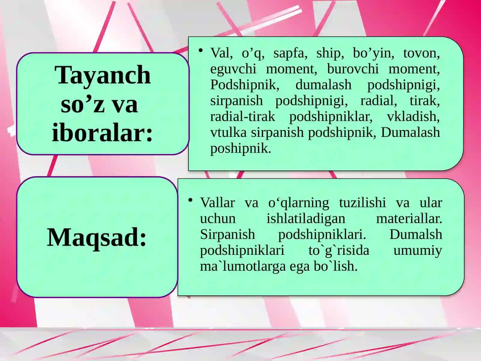 Vallar va o’qlar. Vallar va o‘qlarning tuzilishi va ular uchun ishlatiladigan mate­ri­allar. Sirpanish podshipniklari. Dumalash podshipniklari. Dumalsh podshipniklari to`g`risida umumiy ma`lumotlar 3