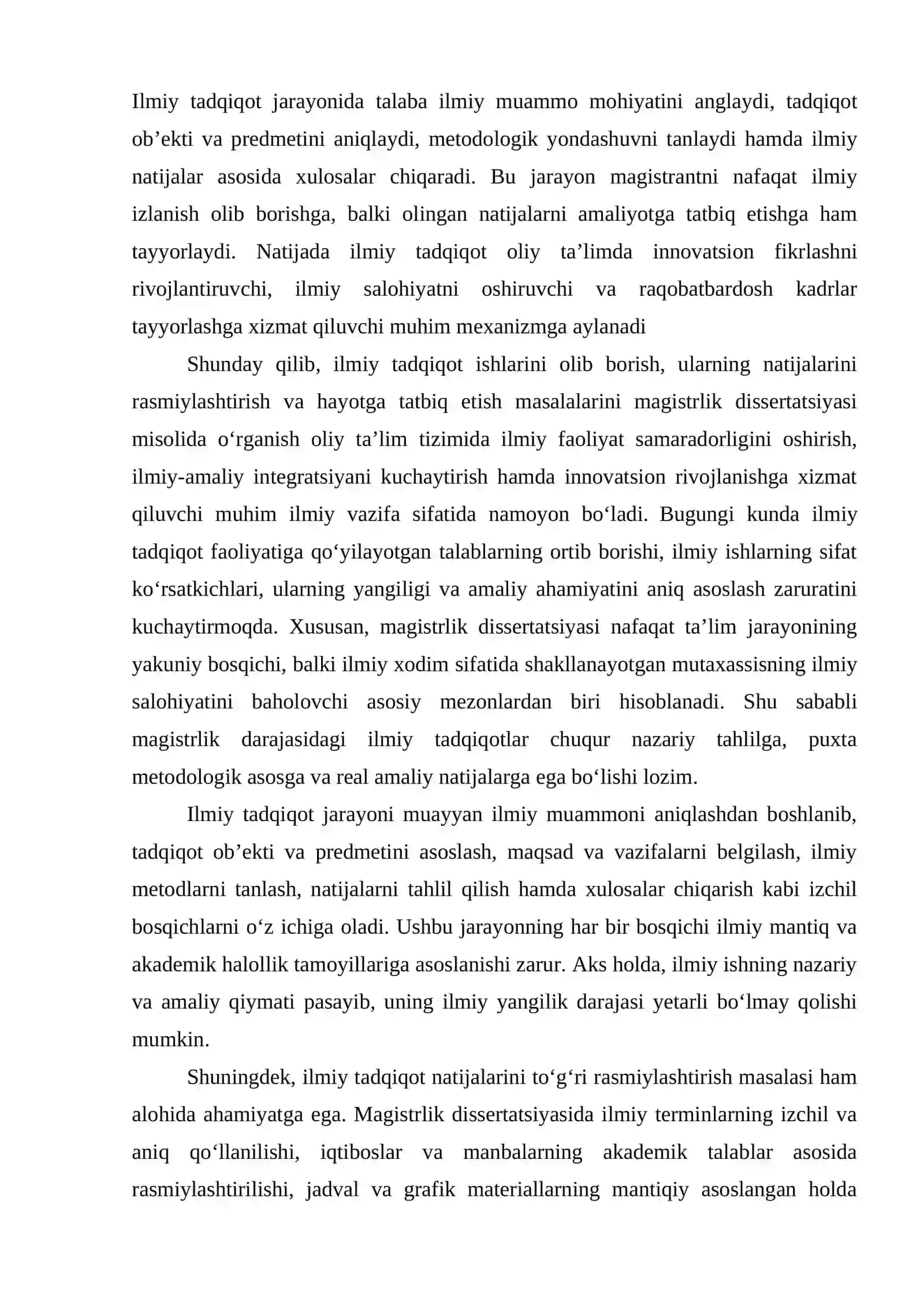 ILMIY TADQIQOT ISHLARINI OLIB BORISH, UNING NATIJALARINI RASMIYLASHTIRISH VA HAYOTGA TATBIQ ETISH. (MAGISTRLIK DISSERTATSIYASI MISOLIDA) 3