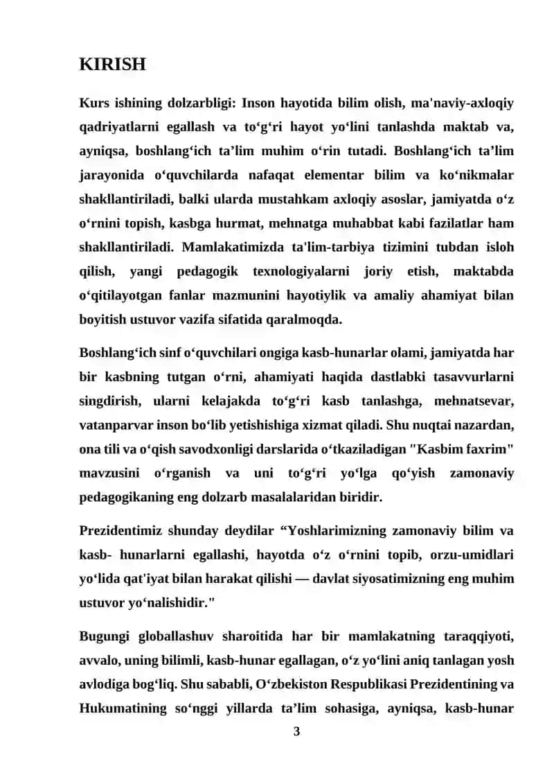 ONA TILI VA O‘QISH SAVODXONLIGI DARSLARIDA «KASBIM FAXRIM» MAVZUSINI OʻRGANISH 3