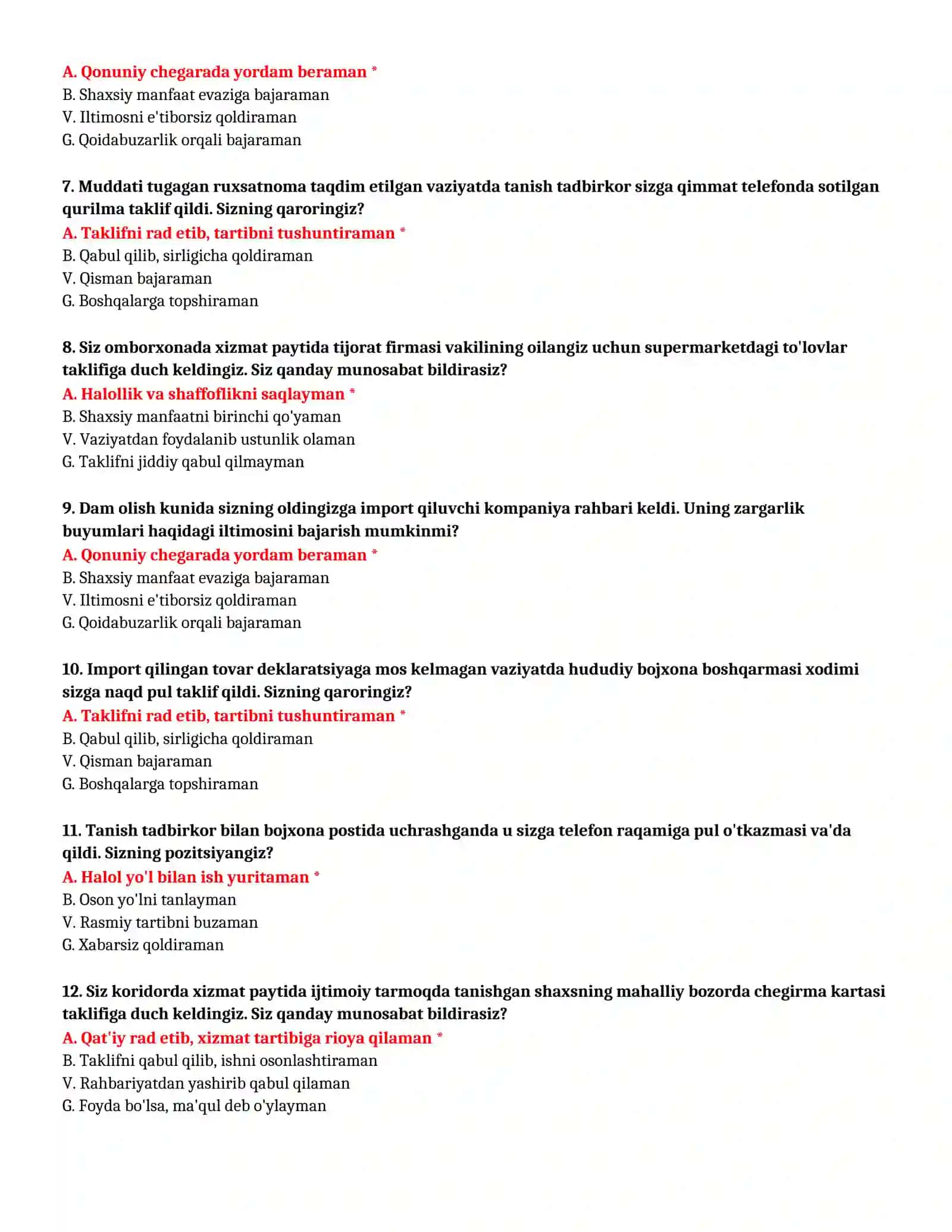 BOJXONA AKADEMIYASI - KASBIY TANLOV TEST SAVOLLARI (№ 64) 3