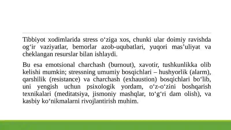 Tibbiyot xodimlarida emotsional holatlarning o‘ziga xosligi stress va uning bosqichlari, bartaraf  etish yo‘llari 3